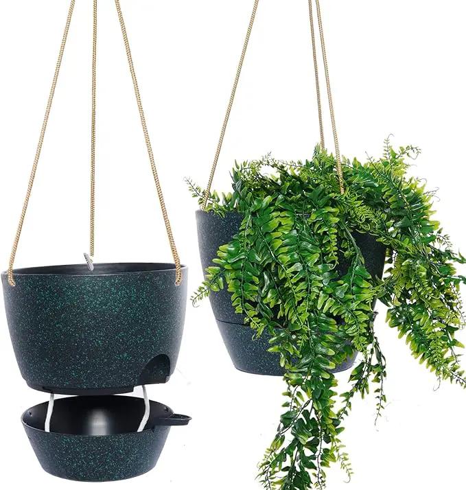 10 Inch Self Watering Hanging Pots, 2 Pack Hanging Planters with 40oZ Deep Reservior for Indoor Outdoor Plants Flowers, Black Speckles by GreenHaven Gardens