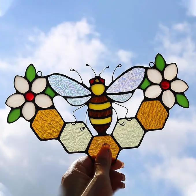 Bee Decor Stained Glass Window Hanging,Honeybee Honeycomb with Flowers Suncatcher for Window,Wall Art Ornaments,Birthday Gifts for Women,Friends,Housewarming Gift by GreenHaven Gardens