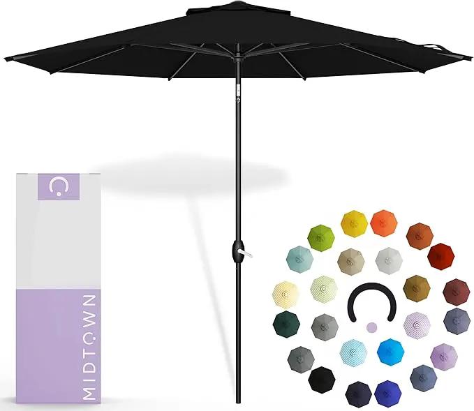 Midtown Umbrellas 10-Year-No-Fade - 9 Ft - UV Proof Ebony Black Polyester Fabric - Umbrella Outdoor Patio, Auto-Tilt Aluminum Frame Patio Umbrella for Garden, Pool & Deck - Black Pole by GreenHaven Gardens