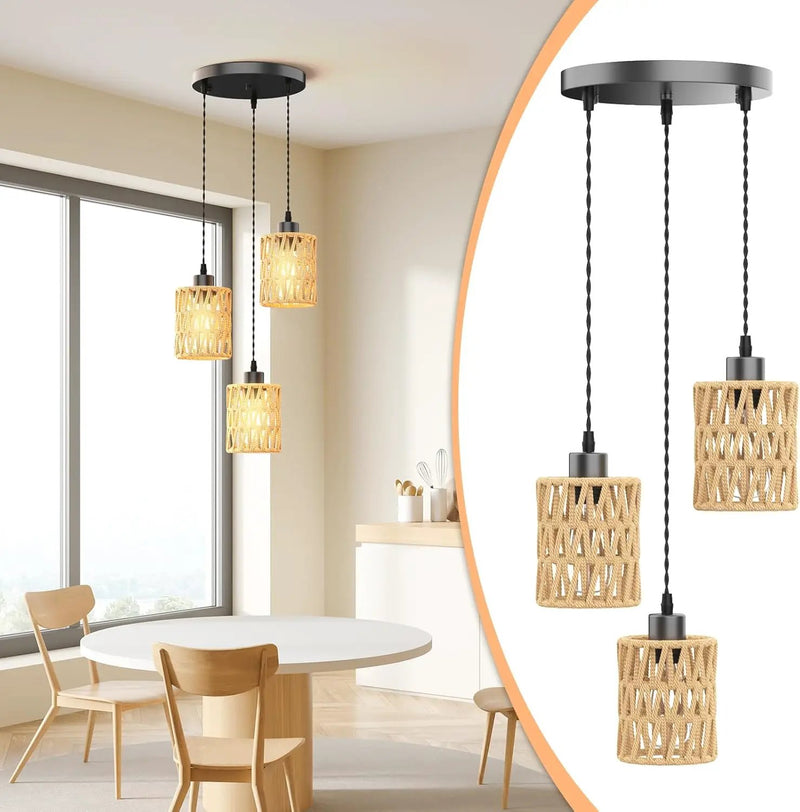 3 in 1 Farmhouse Hemp Rope Pendant Light - Rustic Hand-Woven Rattan Hanging Light Fixture for Kitchen Island,Dining Room,Bedroom- Wicker Cage Chandelier-Coastal/Nautical/Boho Style Lighting Fixture by GreenHaven Gardens