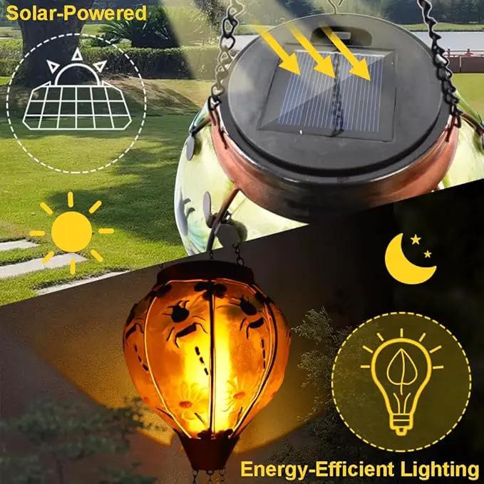 Hot Air Balloon Solar Lantern with Flickering Flame, Glass Hanging Garden Lights Outdoor Waterproof for Tree Yard Patio Mother's Day Gift, 18" H Bee by GreenHaven Gardens