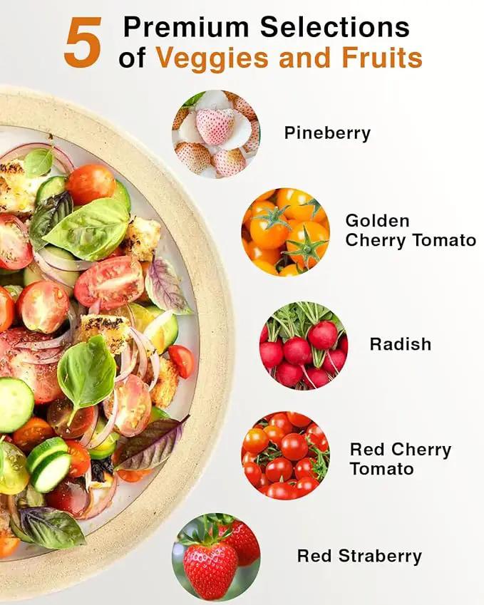 Red Strawberry and Pineberry Seed Pod Kit for AeroGarden, idoo, Ahopegarden, MUFGA with Strawberry, Pineberry, Radish, Red/Golden Harvest Cherry Tomato - Compatible with All Hydroponics (12-Pod) by GreenHaven Gardens