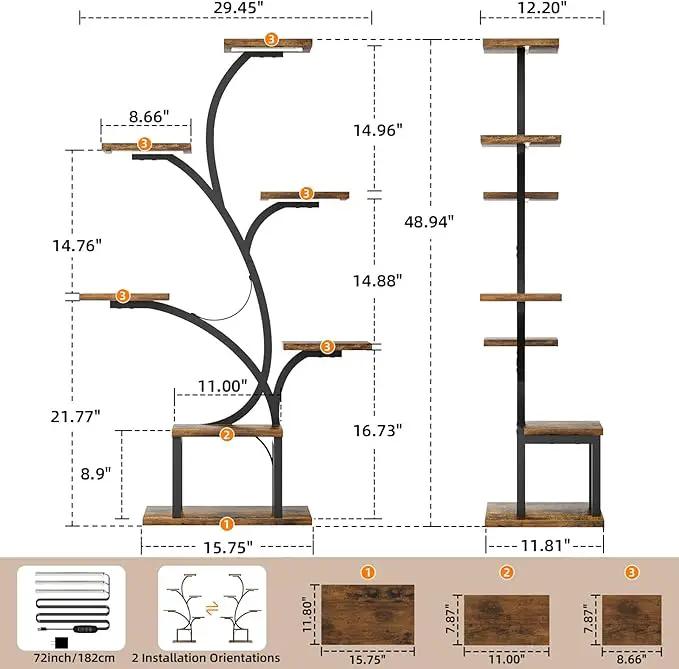 Plant Stand Indoor with Grow Lights, 7 Tiered Indoor Plant Shelf, 49" Corner Plant Stands for Indoor Plants, Metal Plant Flower Display Shelves, Tree-Shaped Plant Rack for Home, Patio, Black by GreenHaven Gardens