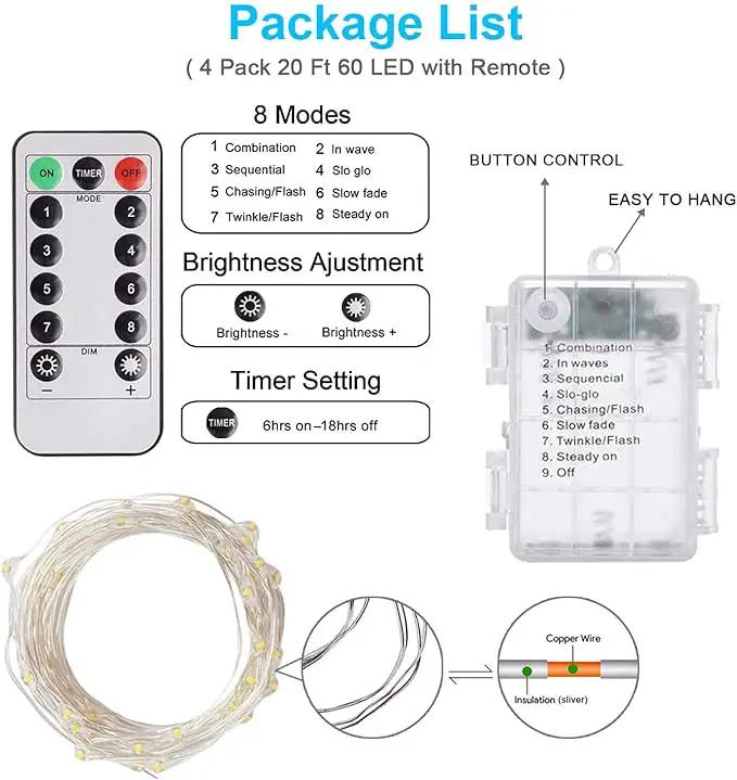Homemory 4 Pack 20 Ft 60 LED Fairy Lights Battery Operated String Lights with Remote Waterproof 8 Modes Firefly Twinkle Christmas Lights for Party Bedroom Wedding Decorations(Cool White) by GreenHaven Gardens
