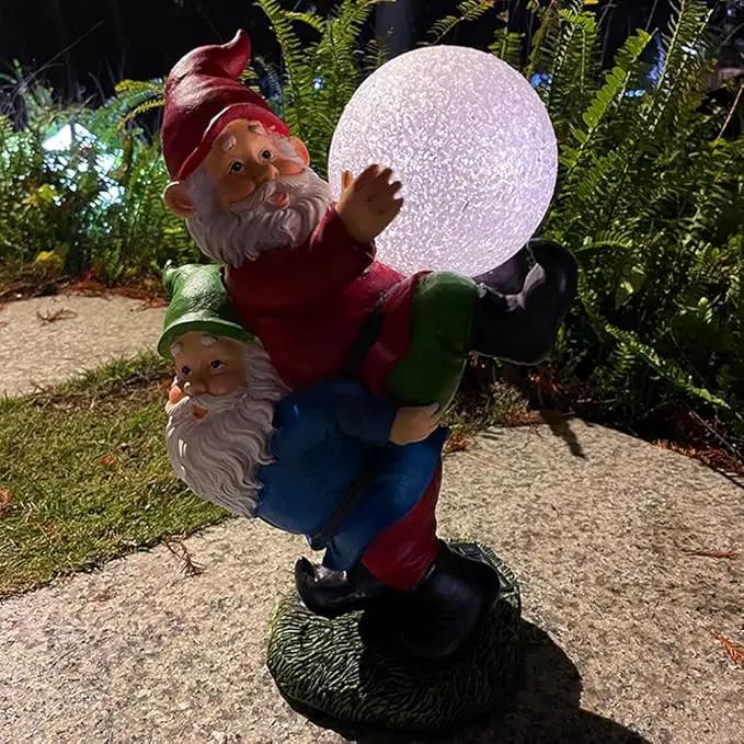 Solar Powered 2 Gnomes Playing with Ball, Decorated Solar Light, Garden Decorations Statues, Garden Light Decor for Lawn Ornaments, Resin Garden Figurines (2 Gnomes with a Glass Ball) by GreenHaven Gardens