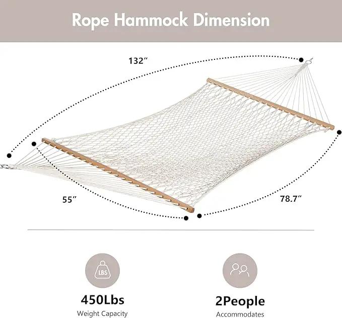 ANOW Rope Hammock Double Hammock with Hardwood Spreader Bar and Carrying Bag, 450 LBS Weight Capacity for Two Person, Natural by GreenHaven Gardens