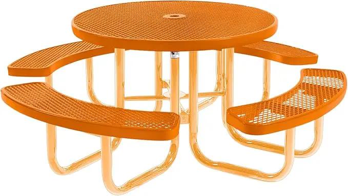 Heavy-Duty Portable Outdoor Picnic Table with Umbrella Hole, Expanded Metal Commercial-Grade Patio Dining Furniture Made in America (46" Round Top, Orange with Orange Frames) by GreenHaven Gardens
