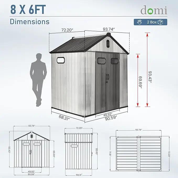 Domi 8x6 FT Outdoor Resin Storage Shed, All-Weather Double-Wall Storage Building for Backyard, Garden, Lawn Tools, Mower, Bike & Pool Equipment, Lockable Doors, Ventilated Roof, Grey by GreenHaven Gardens