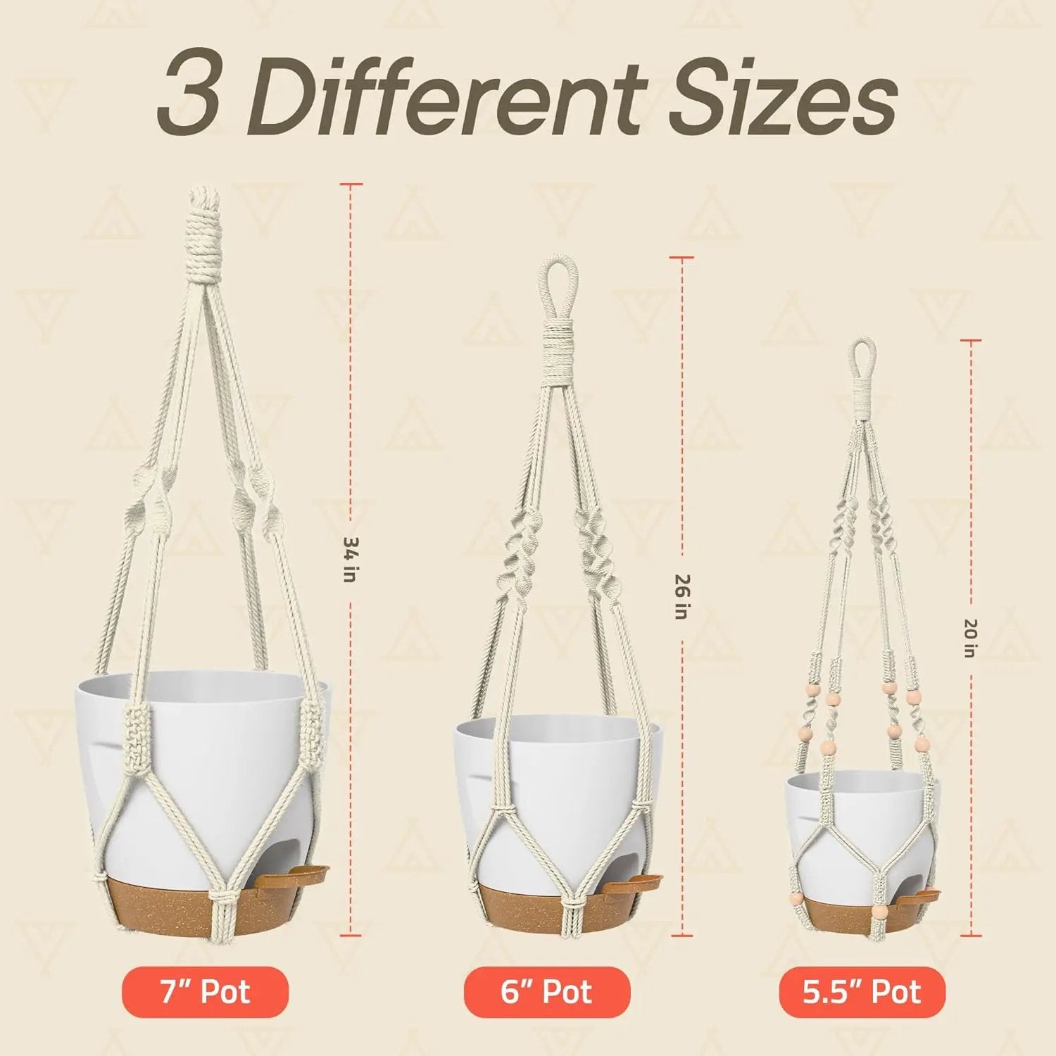 White Hanging Self Watering Pots with Macrame Ivory Rope, 3 Pack Indoor & Outdoor Hanging Plant Pots with Built-in Reservoir, Wick Rope, Drainage Holes & Hooks, Stylish Boho Decor Hanging Planter by GreenHaven Gardens