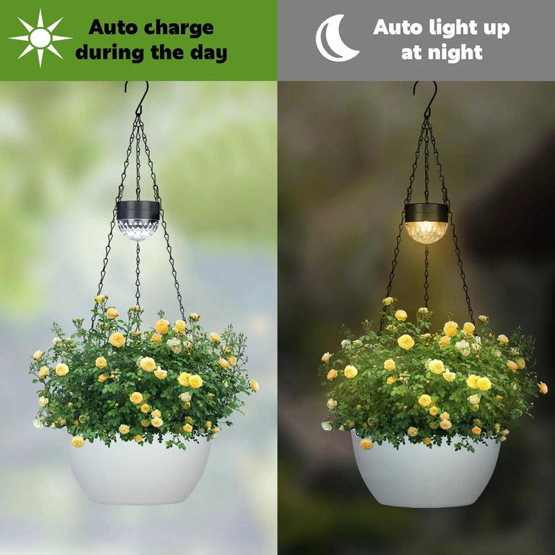 2 Packs Solar Hanging Basket Planters for Plants Outdoor, Self Watering White Flower Plants Pots with Solar Light Drainer for Balcony Patio Garden Outdoor Decoration by GreenHaven Gardens