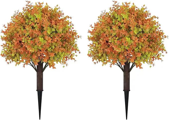 24" Fall Plants Artificial Boxwood Topiary Trees, UV Resistant Faux Bushes with Ground Spike, Fake Shrubs for Outdoor Planters, Front Porch, Patio, Yard Decor Set of 2 by GreenHaven Gardens