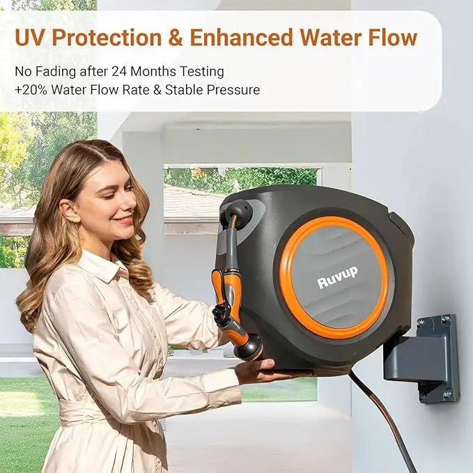 Ruvup Retractable Garden Hose Reel, 5/8in x 100ft Water Hose Reel with Metal Bracket, UV Resistant Automatic Hose Reel Wall Mount for Outside, Slow Retraction Any Length Lock 10 Spray Nozzle by GreenHaven Gardens