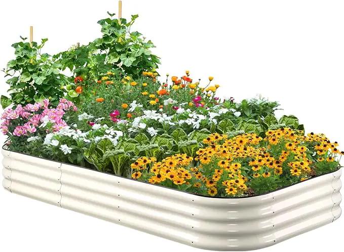 Quictent Galvanized Raised Garden Bed Kit, 8x4x1 ft Oval Metal Planter Box for Vegetables, Rubber Strip Edging Included (Beige) by GreenHaven Gardens