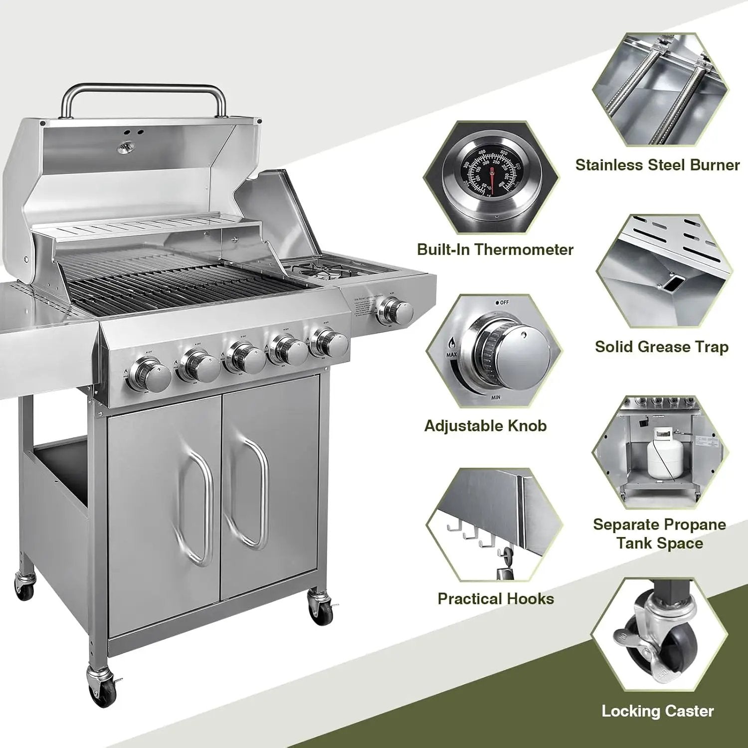 Bestfire 68,000 BTU 5 Burner Propane Gas Grill with Side Burner-Professional-Grade Stainless Steel Outdoor BBQ Grill-647 sq in Cooking Space&Porcelain Cast Iron Grrates-Patio Cart Design for Backyard by GreenHaven Gardens
