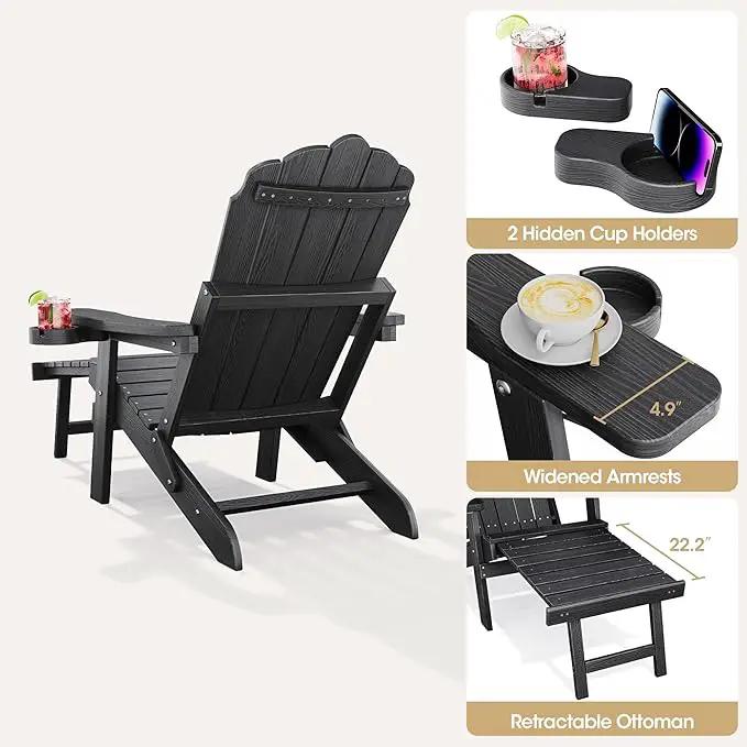 Adjustable Backrest Folding Adirondack Chair Set of 2, Adirondack Chair with Ottoman, Weather Resistant Fire Pit Chair with 2 Cup Holders, for Porch Backyard Outdoor Lawn Pool Deck Beach, Black by GreenHaven Gardens