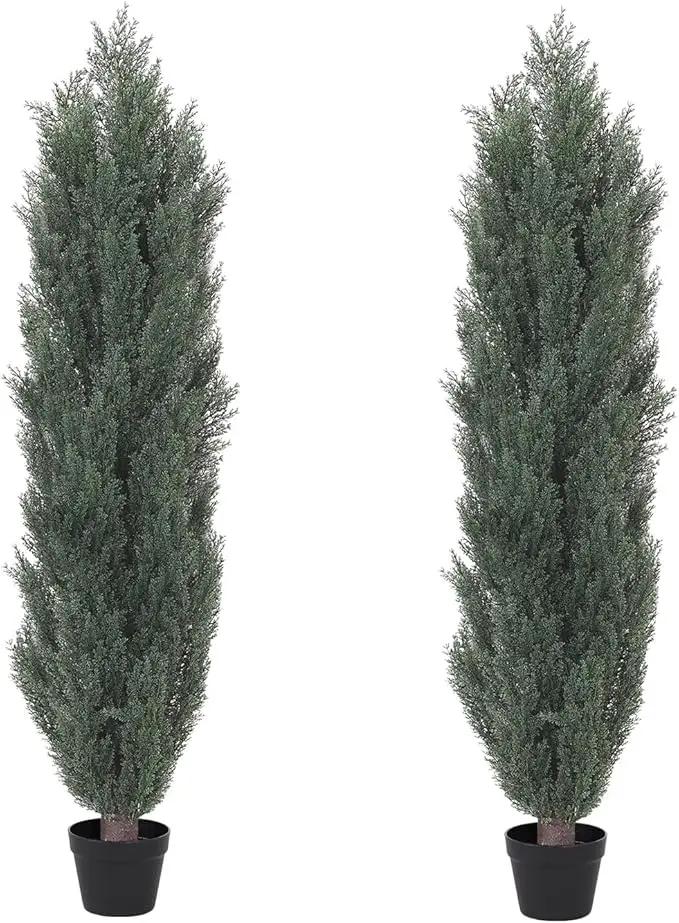 THE BLOOM TIMES 5ft Topiary Trees Artificial Outdoor – UV Resistant Faux Cedar Pine Cypress Bushes and Shrubs, Fake Potted Plants for Front Porch Outside Planter Patio Decor, Set of 2 (5 Foot) by GreenHaven Gardens
