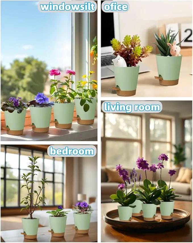 12 Pack 4 Inch Self Watering Plant Pots with Drainage and Saucers，Plastic Flower Pots for Indoor and Outdoor Plants, Nursery Planters for Houseplants and Herbs Green Brown, 4 inch 12pcs by GreenHaven Gardens