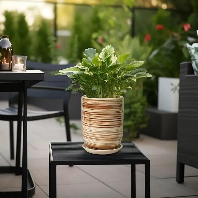 8 Inch Plant Pot, Ceramic Planter for Outdoor Plants, Large Plant Pot Indoor with Drainage Hole and Saucer, Modern Flower Pot for Home Garden Decor Yellow by GreenHaven Gardens
