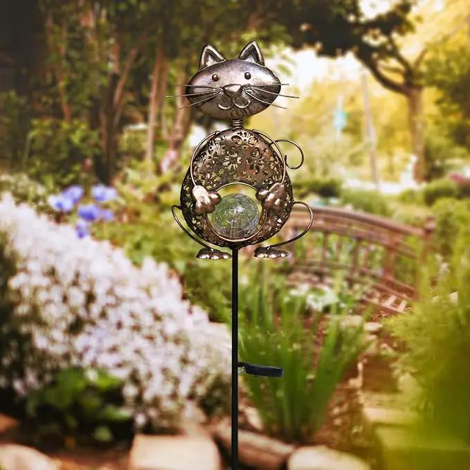 KAIXOXIN Garden Solar Lights Metal Cat Crackle Glass Globe Stake Light Waterproof Warm White LED Solar Path Lights (Cat-Bronze) by GreenHaven Gardens