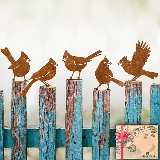 5PCS Rusty Birds Decoration, Fence Decorations Outdoor, Metal Birds Yard Decor Perfect Yard Art and Large Outdoor Ornaments, Cardinal Gifts by GreenHaven Gardens