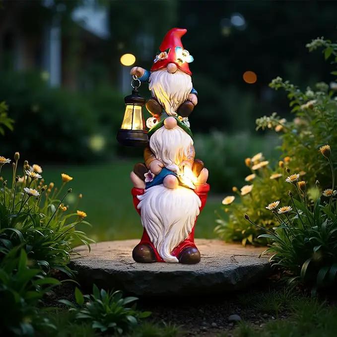 Garden Gnome Statue with Solar Lights Large Garden Sculptures Funny Triple Gnome Outdoor Patio Lawn Yard Garden Decor Gifts for Women Mom 12 in Spring Gnomes Outdoor by GreenHaven Gardens