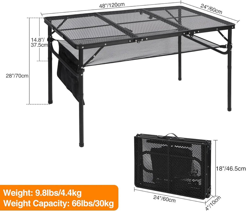 REDCAMP 48x24 Long Folding Grill Table for Outside, Lightweight Portable Double Layer Metal Aluminum Outdoor Grill Table with Adjustable Height Legs, Great for Camping Picnic Cooking BBQ, Black 4ft by GreenHaven Gardens