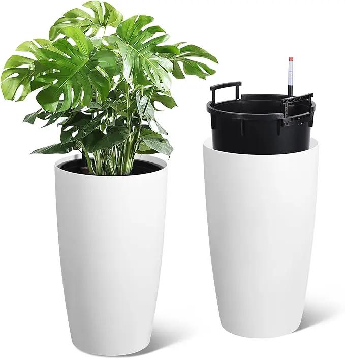 22" Tall Round Planter Set of 2, Self Watering Pots for Indoor Plants, Large Flower Pot Outdoor with Built-in Drainage and a Water Level Monitor, for Patio, Porch, Living Room, or Home Office, White by GreenHaven Gardens