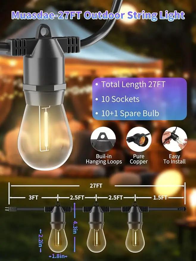 Led String Lights Outdoor 27Feet S14 Patio Light, Edison Shatterproof Bulbs Weatherproof Strand, Commercial Grade Patio Lights, Decorative for Garden or Patio by GreenHaven Gardens