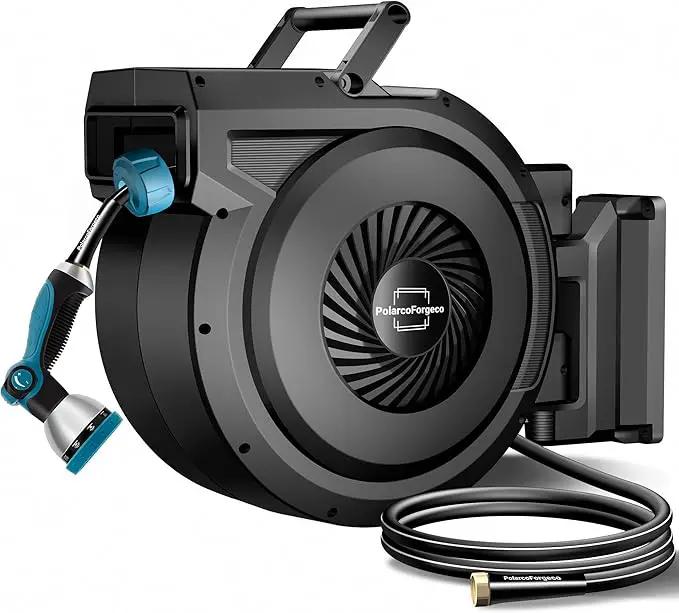 Retractable Garden Hose Reel - 5/8 inch x 90 ft Wall Mounted Hose Reel with 10 Pattern Nozzle & Any Length Lock, Heavy Duty Water Hose Supports Automatic Rewind & 180° Swivel, Black by GreenHaven Gardens