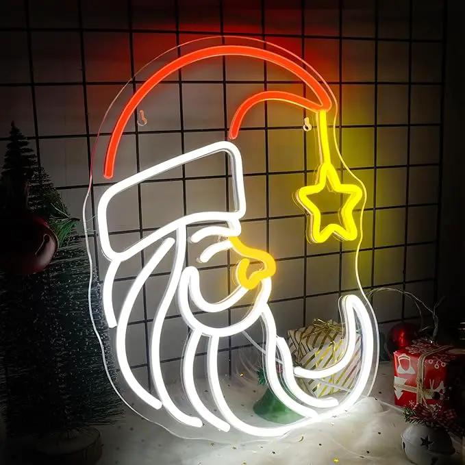 Moon Christmas Santa Neon Sign,Cute Anime Neon Light,Moon Star Neon Sign for Wall Decor,Red Christmas Hat USB Neon Light Sign for Party Store Living Room Bar Door Kids Bedroom Christmas Gift by GreenHaven Gardens