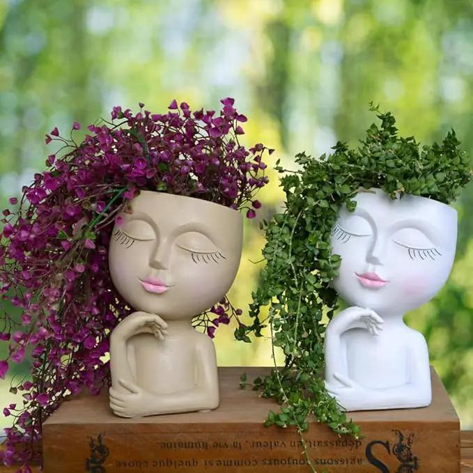 Face Planters Pots Head Planter, Plant Pots with Heads for Plants, Lady Statue Plant Pot, Unique Flower Pots with Drainage, Thinking Women Statue, Boho Vase, Cute Vases Home Decor Gift (7 Inch Khaki) by GreenHaven Gardens