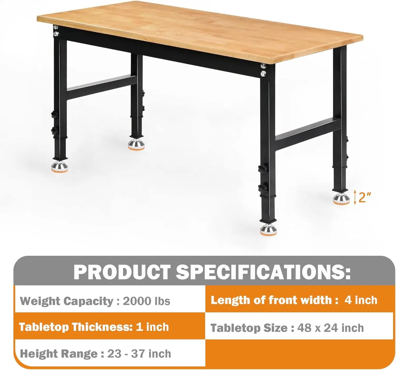 48" Heavy-Duty Adjustable Workbench for Garage, Rubber Wood Shop Table W/Rubber Pads, Hardwood Workstation Weight Capacity Over 2000 Lbs by GreenHaven Gardens