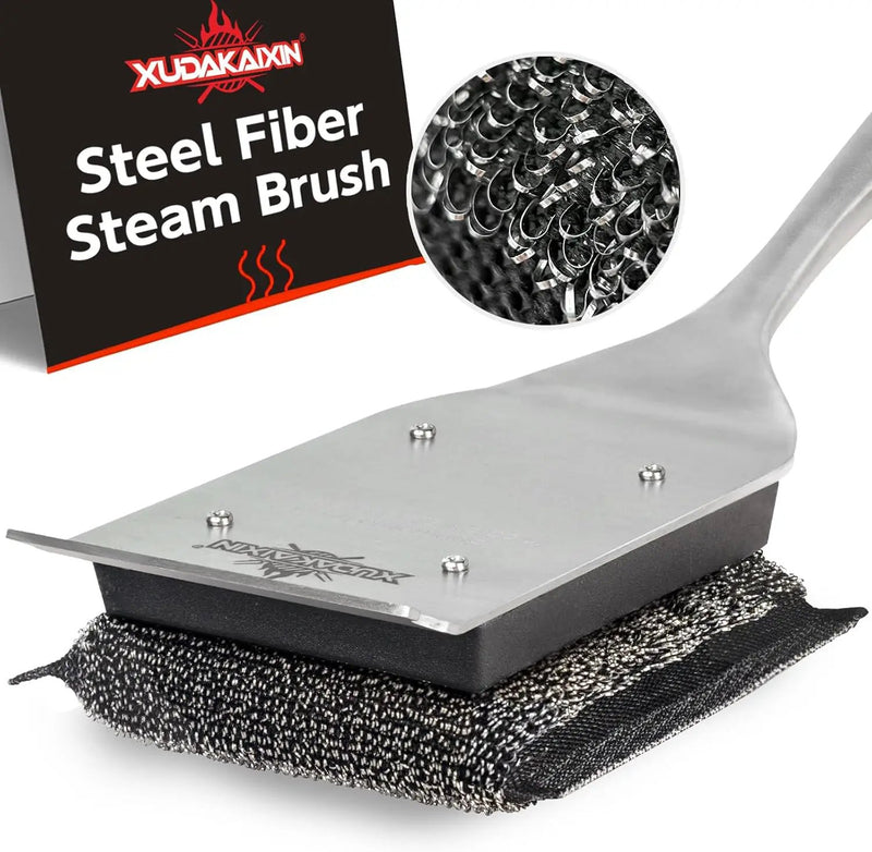 Grill Brush Bristle Free,Unique Steel Fibers Pad [Safe & Efficient] Perfect for Cast Iron/Stainless-Steel Grates - with 1 Replaceable Cleaning Head - Safe Grill Cleaner for Outdoor Grill by GreenHaven Gardens