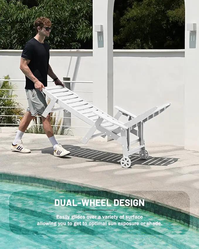 Lounge Chair Outdoor, Chaise Lounge Outdoor, HDPE 6-Position Lounge Chair for Outside, Patio Lounge Chair with Wheels & Cup Holder for Pool Poolside Deck Backyard, White by GreenHaven Gardens