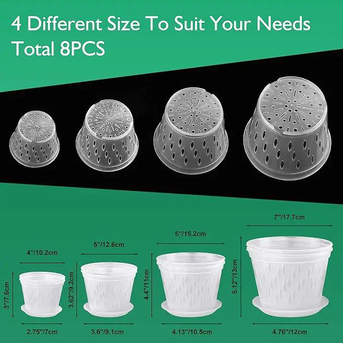 Orchid Plants- 2 Each of 4, 5, 6 and 7 inch- 8 Sets with Saucers, Orchid Pots with Holes and Clear Plastic Orchid Pots for Repotting by GreenHaven Gardens