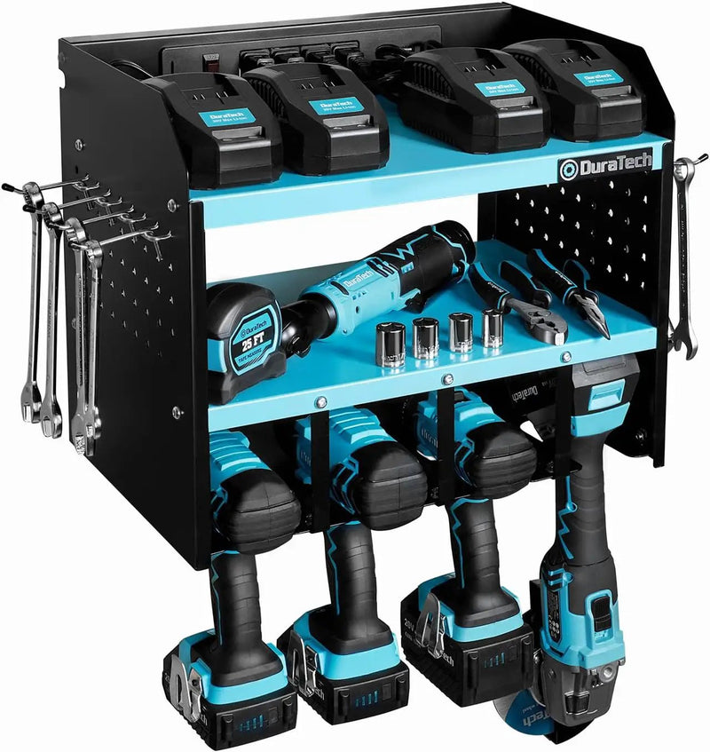 DURATECH Power Tool Organizer Wall Mount with Power Strip, Carbon Steel, Blue, 16.8in Width, 10.9in Depth, 14in Height by GreenHaven Gardens