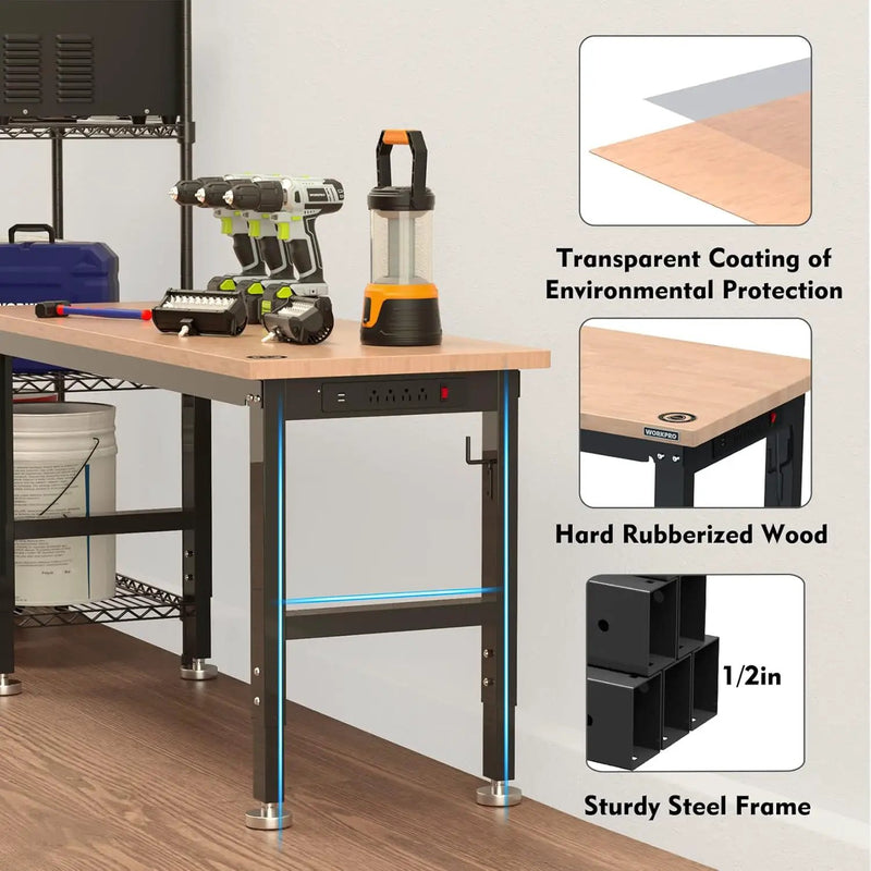 WORKPRO 60" Adjustable Workbench, Rubber Wood Top Heavy-Duty Workstation, 2000 LBS Load Capacity Hardwood Worktable with Power Outlets, for Workshop, Garage, Pack of 10 by GreenHaven Gardens