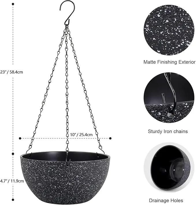 10 inch Hanging Planters for Indoor Outdoor Plants, 2 Pack Hanging Flower Plant Pots with Drainage Holes and Chain for Garden Porch, Plastic Hanging Baskets for House Plants, Speckled Black by GreenHaven Gardens