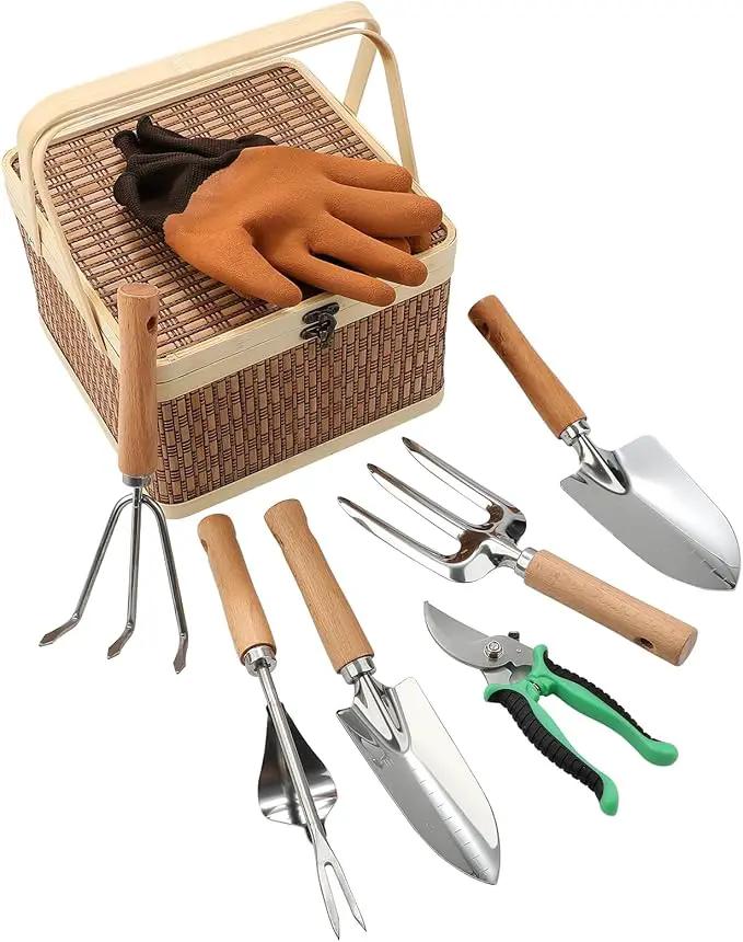 8 Piece Heavy Duty Gardening Hand Tools Set with Bamboo Gift Box Pruning Shears, Weeder and Heavy Duty Stainless Steel Gardening Tools with Wooden Handles - Ideal Gardening Gift for Women by GreenHaven Gardens