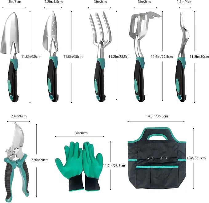 Gardening Tool, Heavy Duty Gardening Hand Tools for Gardener, Gardening Gifts for Women, Men, Heavy Duty Gardening Tools with Storage Tote Bag Non-Slip Rubber Grip, Aluminum Green Gardening Tool Set by GreenHaven Gardens