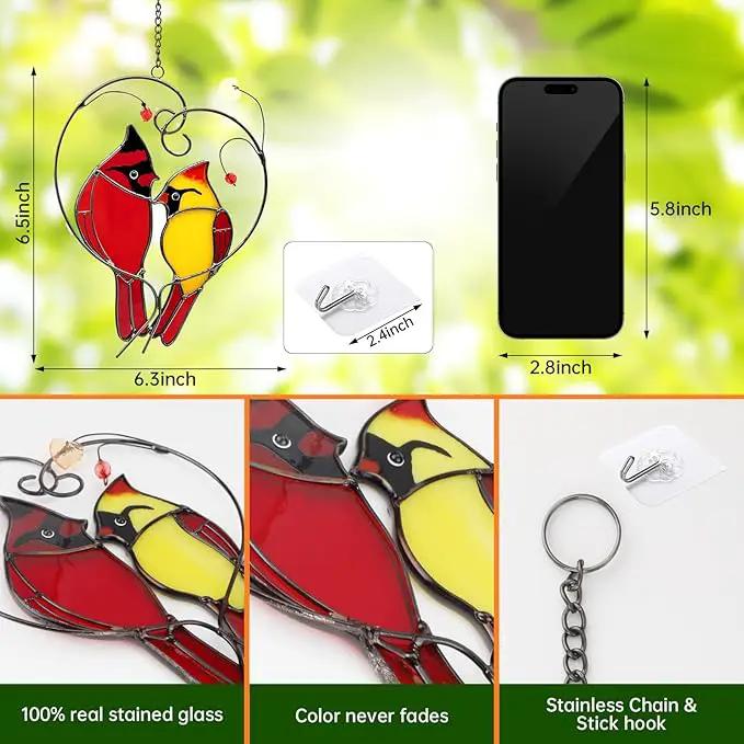 Cardinal Suncatchers Stained Glass for Windows Hangings,Male & Female Cardinal Stained Glass Sun Catchers,Stained Glass Red Love Birds Home Ornament,Gifts for Women by GreenHaven Gardens