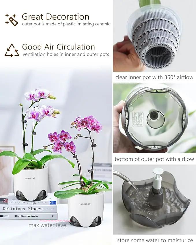 5 inch Orchid Pots with Holes for Repotting with Excellent Airflow, Set of 1, Double Layer Plastic Imitate Ceramic Orchid Planter, Clear Orchid Pot Match Decorative Orchid Container by GreenHaven Gardens