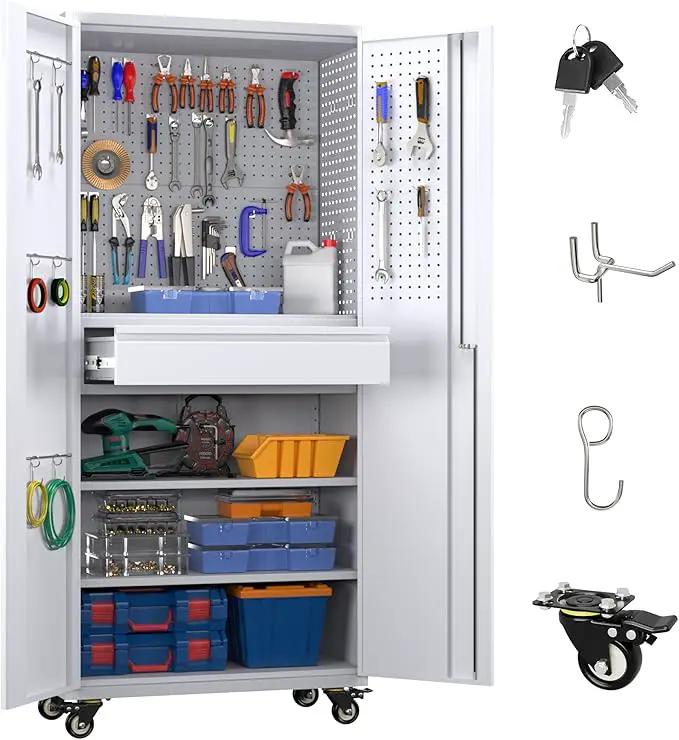 Garage Storage Cabinet with Locking Doors and 2 Adjustable Shelves, 71" H Metal Rolling Tool Storage Cabinet with Wheels, Drawer, Pegboard and 16 Hooks for Garage, Warehouse, White and Gray by GreenHaven Gardens