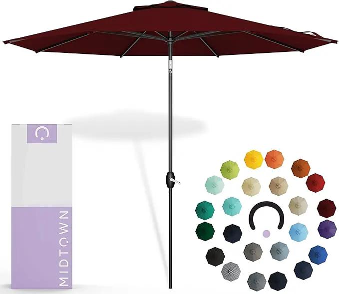 Midtown Umbrellas Sunbrella Umbrella 8 Feet Outdoor Umbrella With Sunbrella Burgundy Acrylic Fabric - Auto-Tilt Aluminum Frame Patio Umbrella For Backyard, Deck, Garden, Pool - Black Pole by GreenHaven Gardens