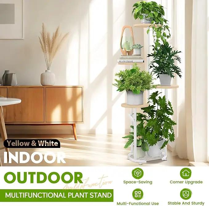 TOSKING 5 Tier Metal Plant Stand Indoor， Plant Shelf, Corner Shelf Flower Pot Stand for Outdoor Plant Stand for Living Room Balcony Garden Patio Bedroom (White and Wood, 42in) by GreenHaven Gardens