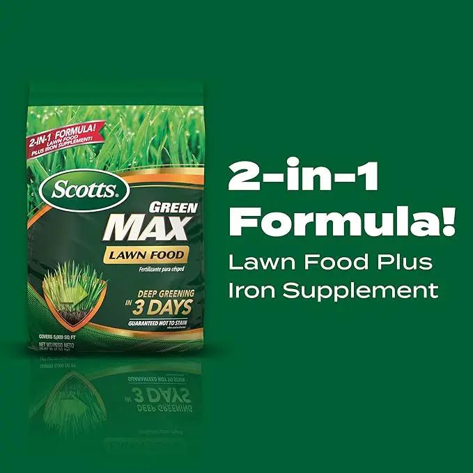 Scotts Green Max Lawn Food, Lawn Fertilizer Plus Iron Supplement for Greener Grass, 10,000 sq. ft., 33.33 lbs. by GreenHaven Gardens