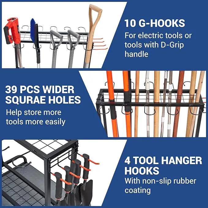 Garden Tool Organizer, Yard Tools Rack Holds 55 Long-Handled Tools/Rakes/Brooms for Garage Organization and Storage, Shed, Outdoor, Lawn, Heavy-Duty Steel, Black, Easy Assembly by GreenHaven Gardens