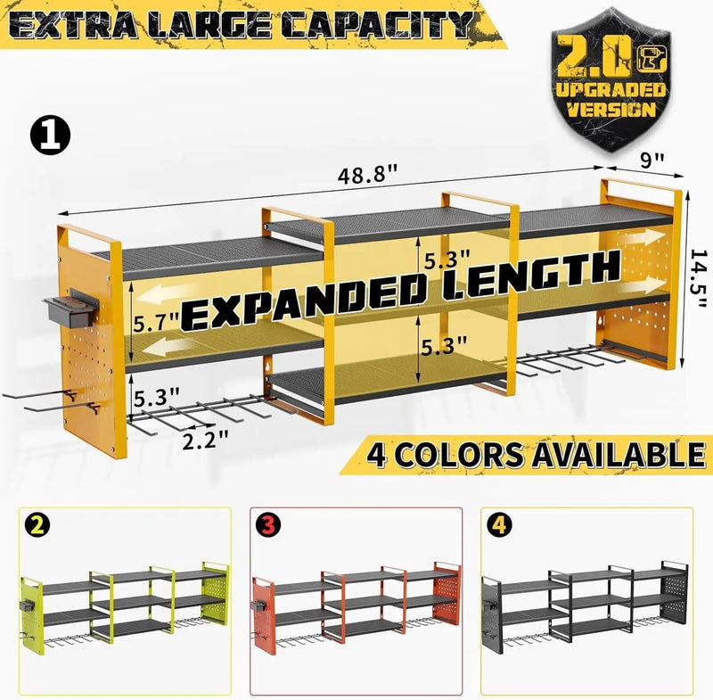 Power Tool Organizer with Charging Station Wall Mount, 3 Layer Expanded Heavy Duty Garage Organization, 48.8 Inch Length Garage Tool Storage, 4 Drill Slot, 16" Standard Hole, Yellow by GreenHaven Gardens