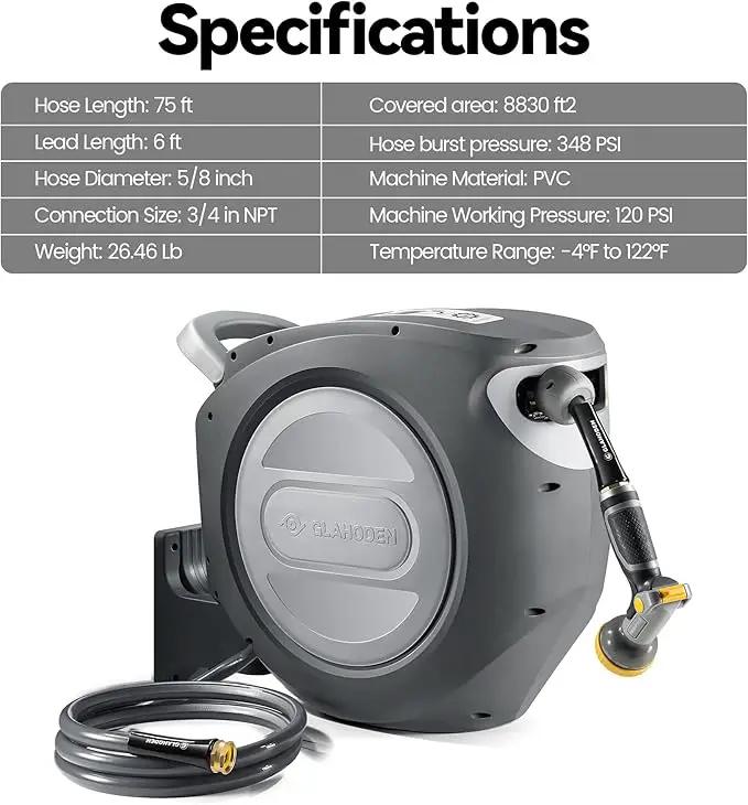 Retractable Garden Hose Reel 5/8 in x 75 ft Upgraded UV Resistant Heavy Duty Automatic Hose Reel Wall Mount 3/4 in Brass Fitting 9 Pattern Nozzle Any Length Lock Slow Retraction 180° Swivel by GreenHaven Gardens