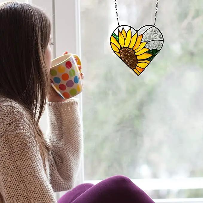 BOXCASA Sunflower Stained Glass Window Hangings,Sunflower Stained Glass Suncatcher,Heart Shape Sunflower Best Teacher Gifts for Women Birthday,Sunflower Decoration for Home Indoor Window by GreenHaven Gardens